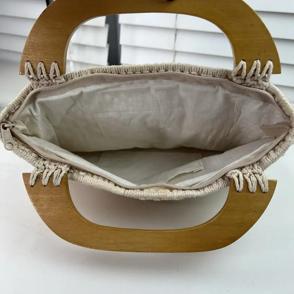 Vintage 70s Macrame Handbag Cream Boho Purse Painted Wooden Handles Folk Art